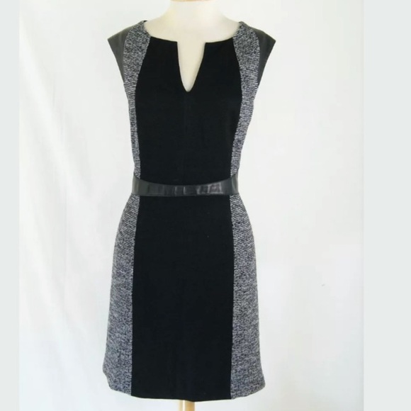 Rebecca Taylor Caitylin Wool Tweed Lamb Leather Trim Shift Dress Size 12 EUC - Picture 3 of 5
